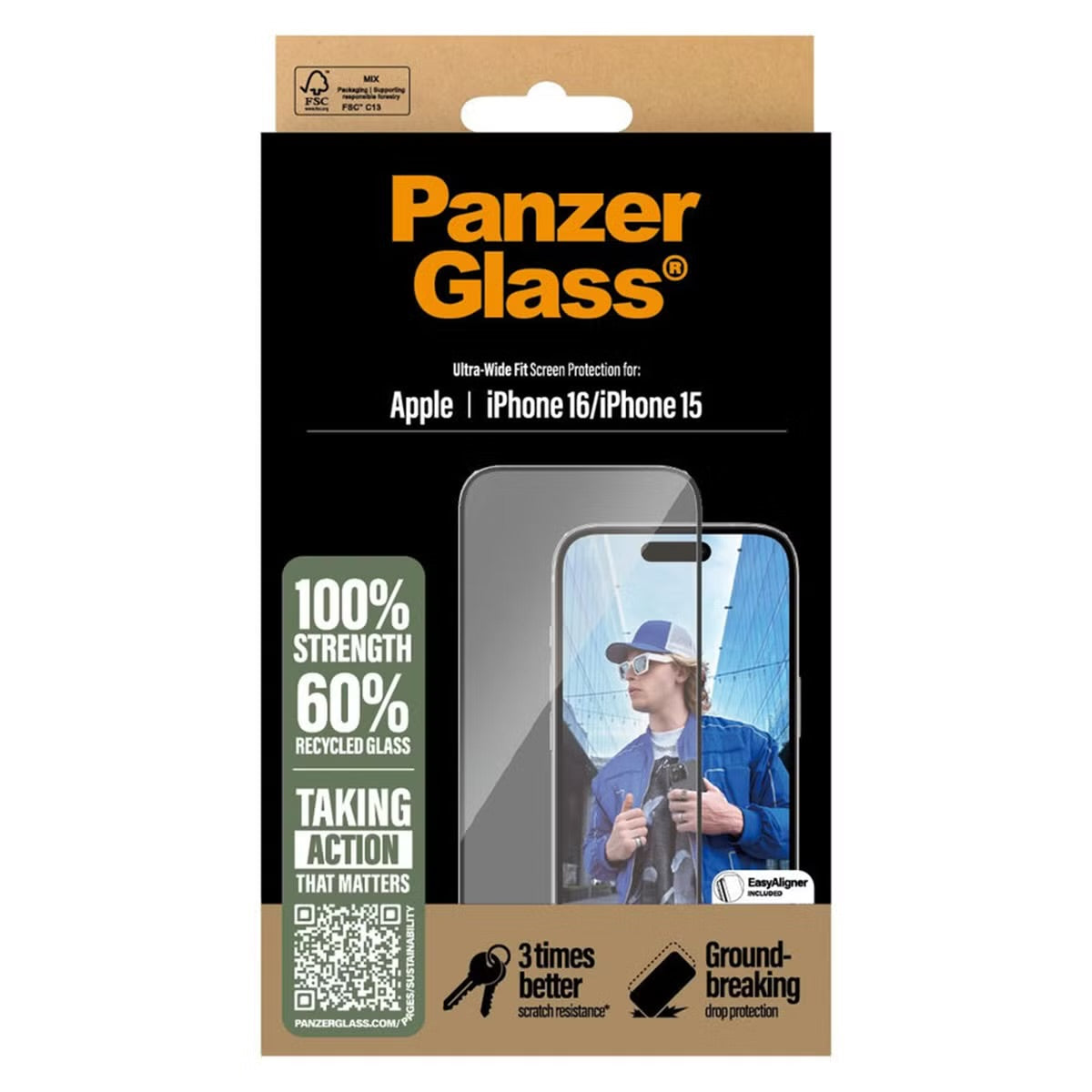 PanzerGlass Ultra-Wide Fit Anti-Bacterial Screenprotector voor de Apple iPhone 16