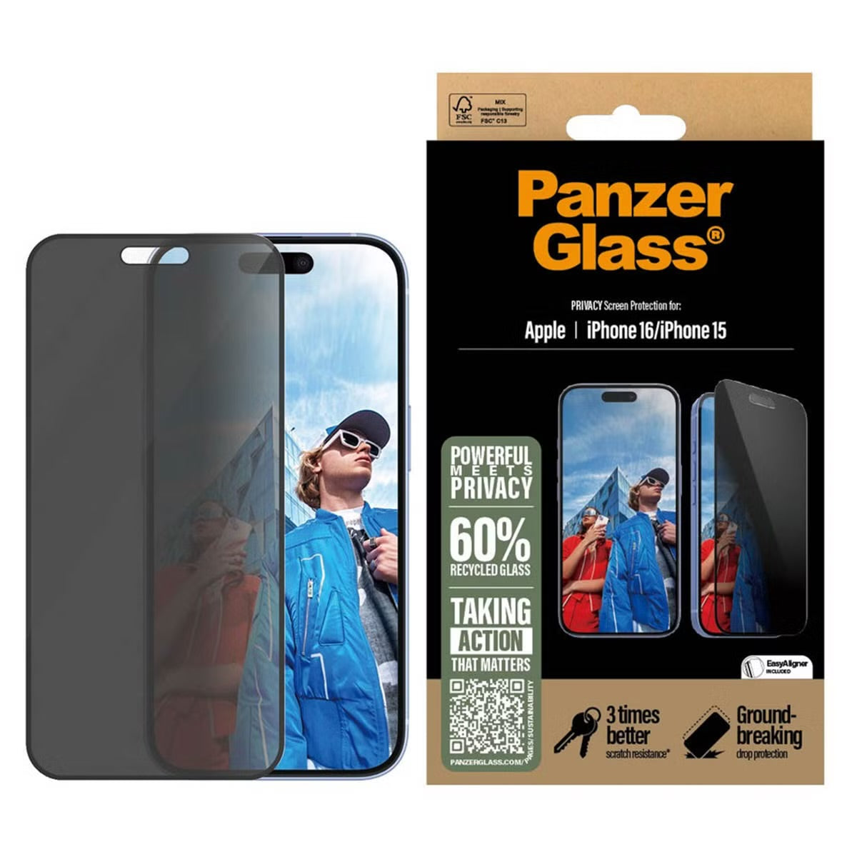 PanzerGlass Privacy Ultra-Wide Fit Anti-Bacterial Screenprotector incl. applicator voor de Apple iPhone 16