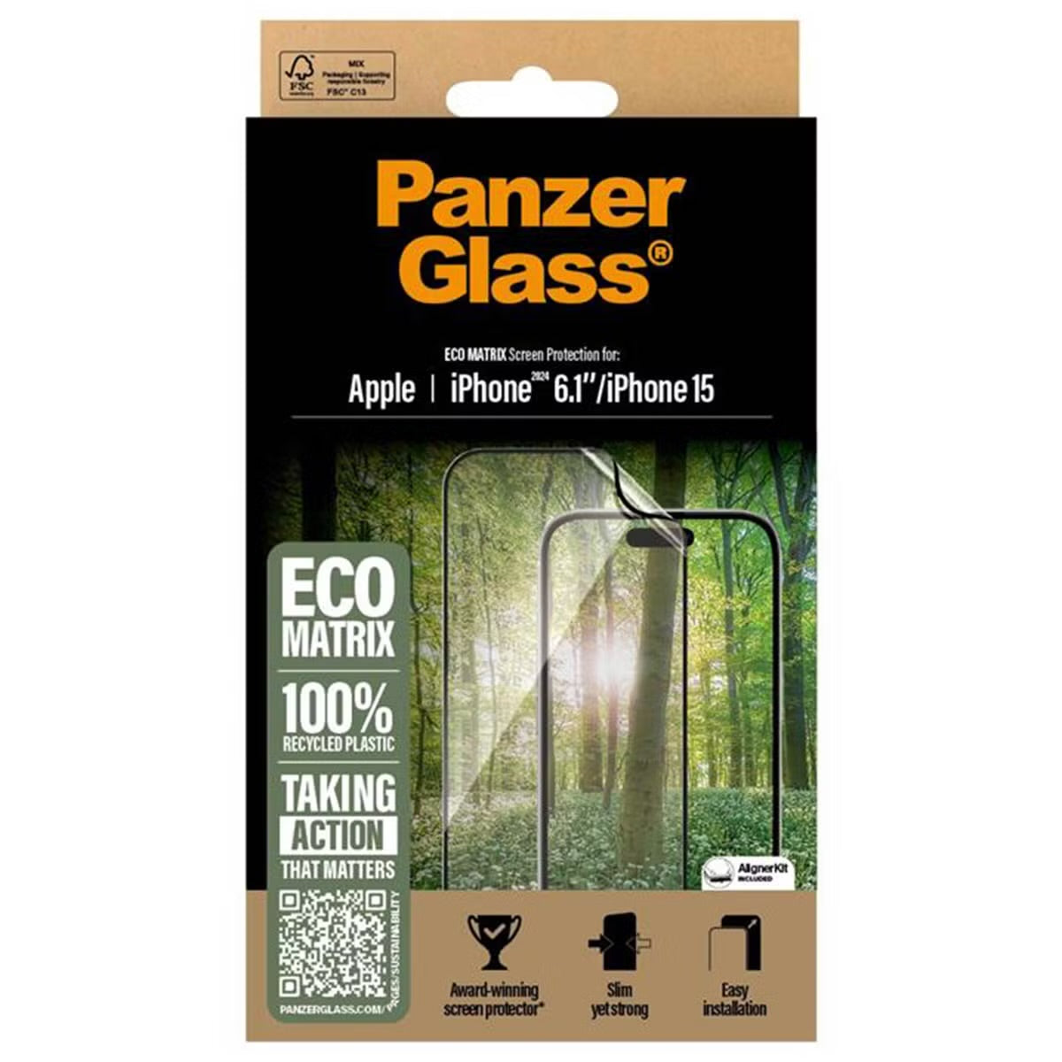 PanzerGlass Matrix Recycled Ultra-Wide Fit Anti-Bacterial Screenprotector incl. applicator for Apple iPhone 16