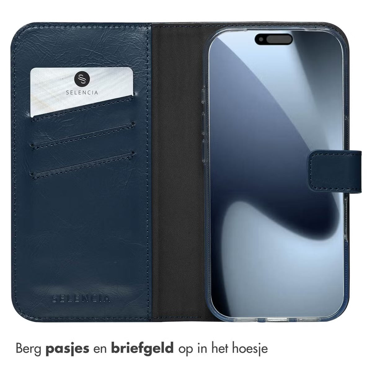 Selencia Echt Leren Bookcase voor de Apple iPhone 17 Pro - Blauw
