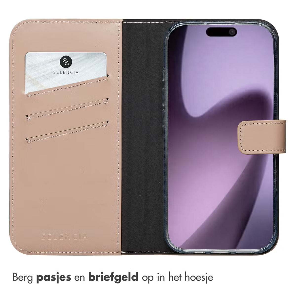 Selencia Echt Leren Bookcase voor de Apple iPhone 17 - Dusty Pink