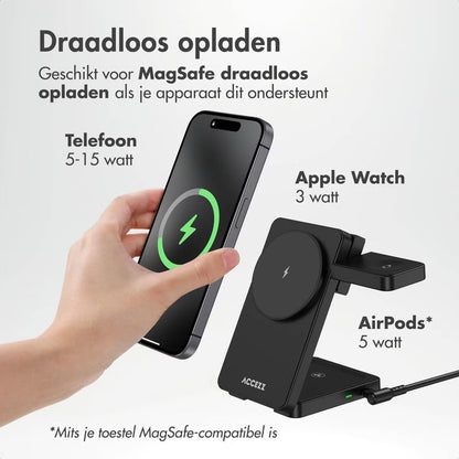 3-in-1 Opvouwbare Draadloze MagSafe Oplader - 20W - Zwart