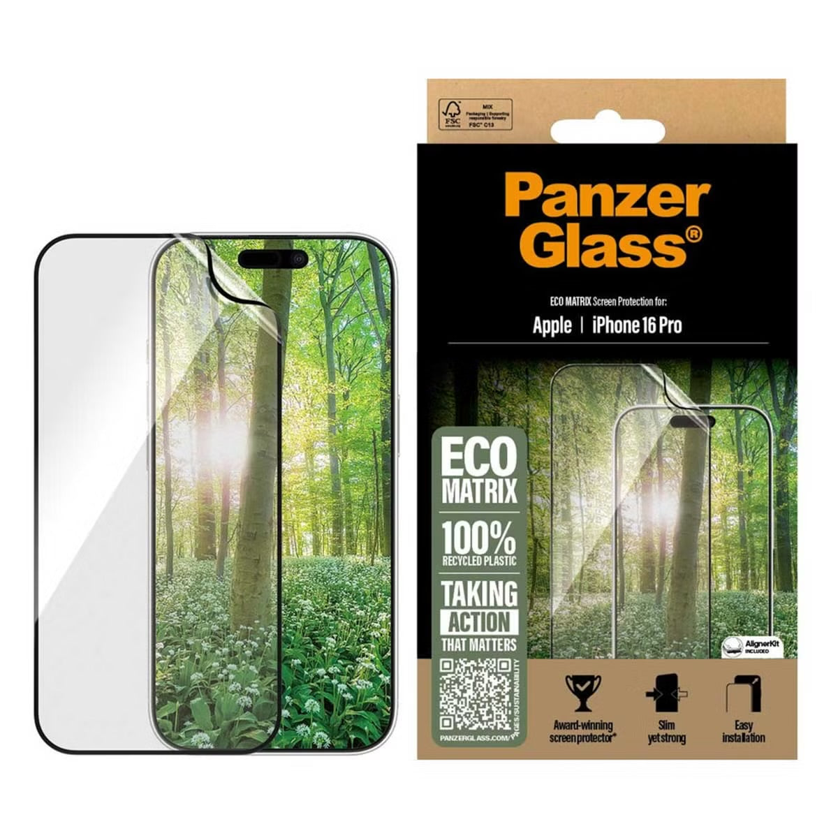 PanzerGlass Matrix Recycled Ultra-Wide Fit Anti-Bacterial Screenprotector incl. applicator voor de Apple iPhone 16 Pro