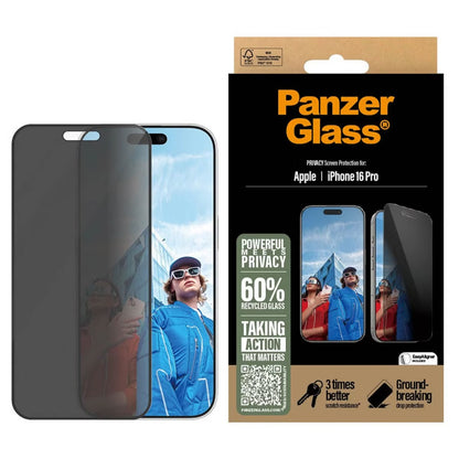 PanzerGlass Privacy Ultra-Wide Fit Anti-Bacterial Screenprotector incl. applicator voor de Apple iPhone 16 Pro