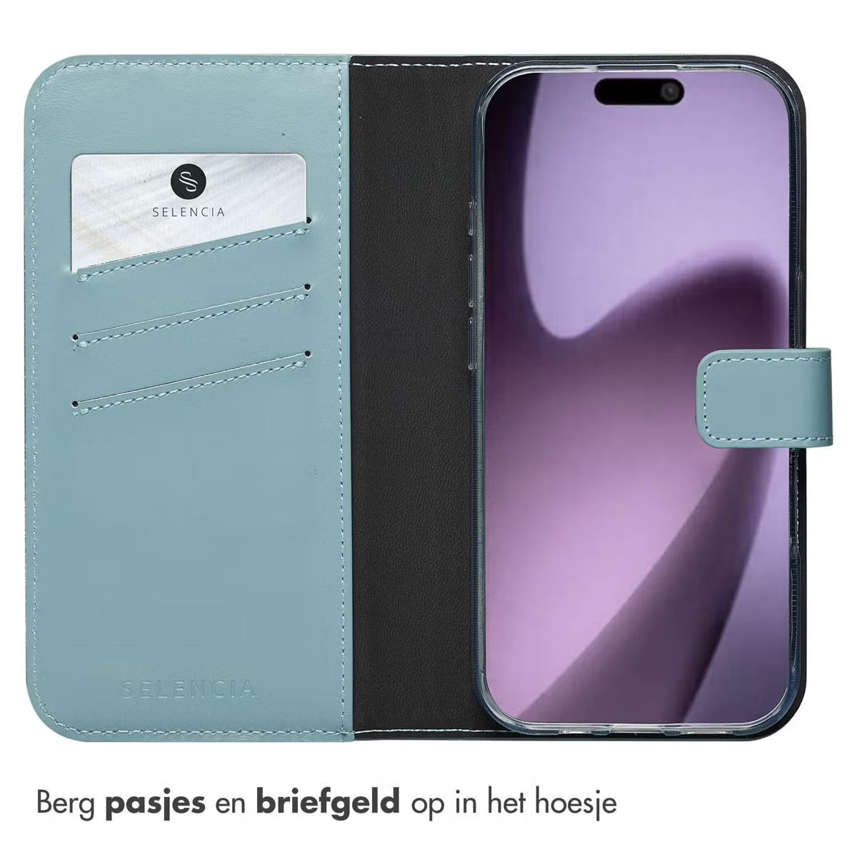 Selencia Echt Leren Bookcase voor de Apple iPhone 17 - Lichtblauw