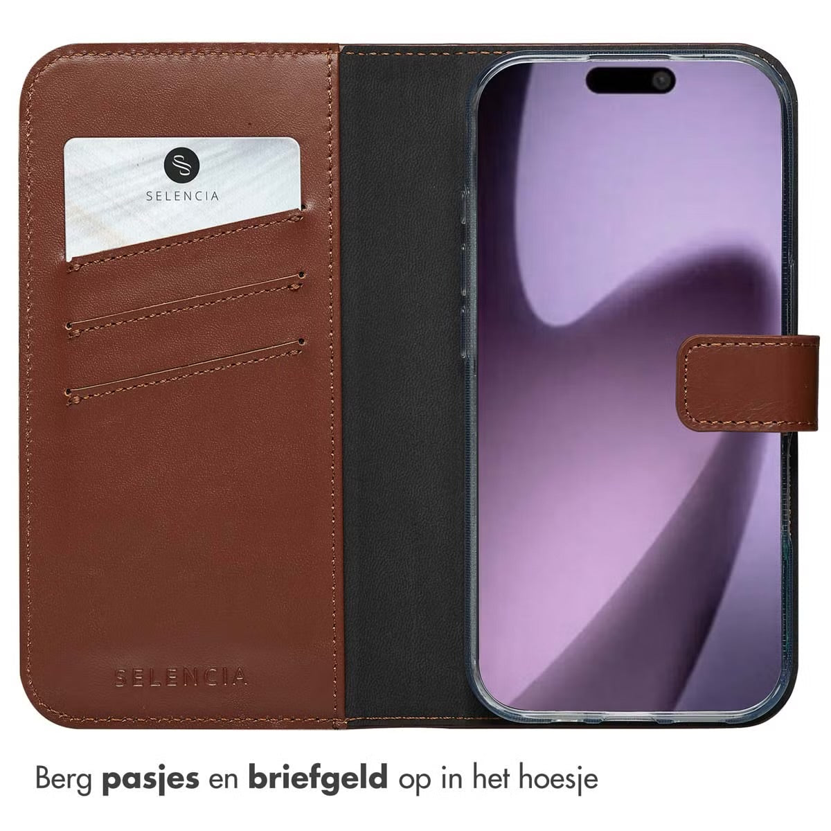 Selencia Echt Leren Bookcase voor de Apple iPhone 17 - Lichtbruin