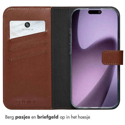 Selencia Echt Leren Bookcase voor de Apple iPhone 17 - Lichtbruin