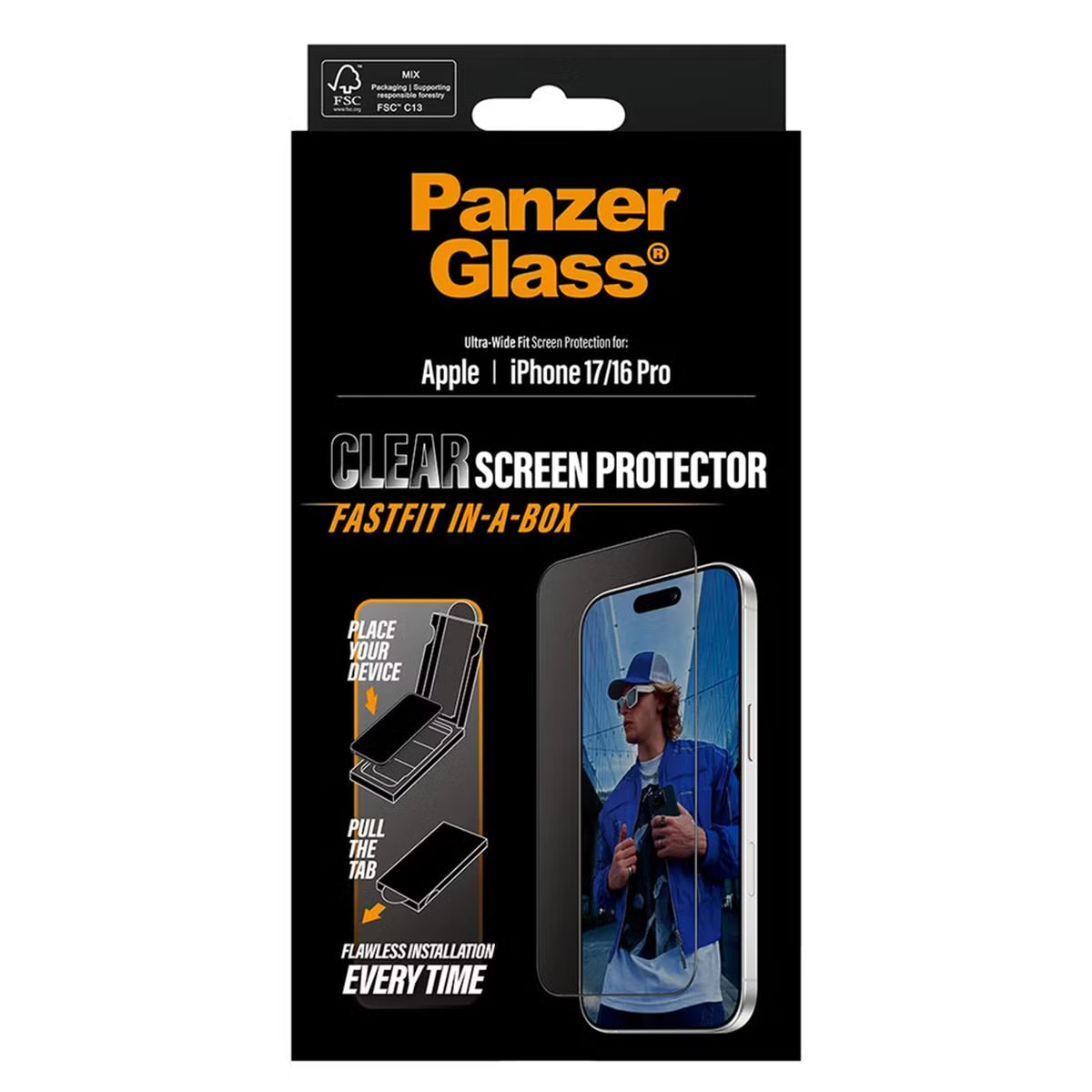 PanzerGlass Ultra Wide Fit FastFit in-a-box Screenprotector voor de Apple iPhone 17 / 16 Pro