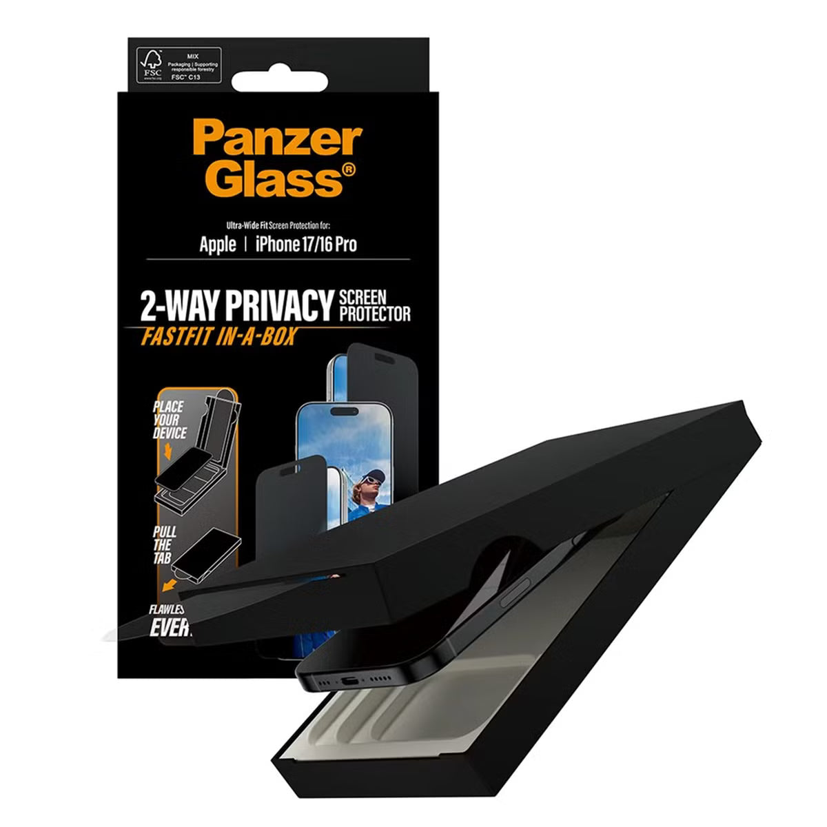 PanzerGlass Ultra Wide Fit FastFit in-a-box Privacy Screenprotector voor de Apple iPhone 17 / 16 Pro