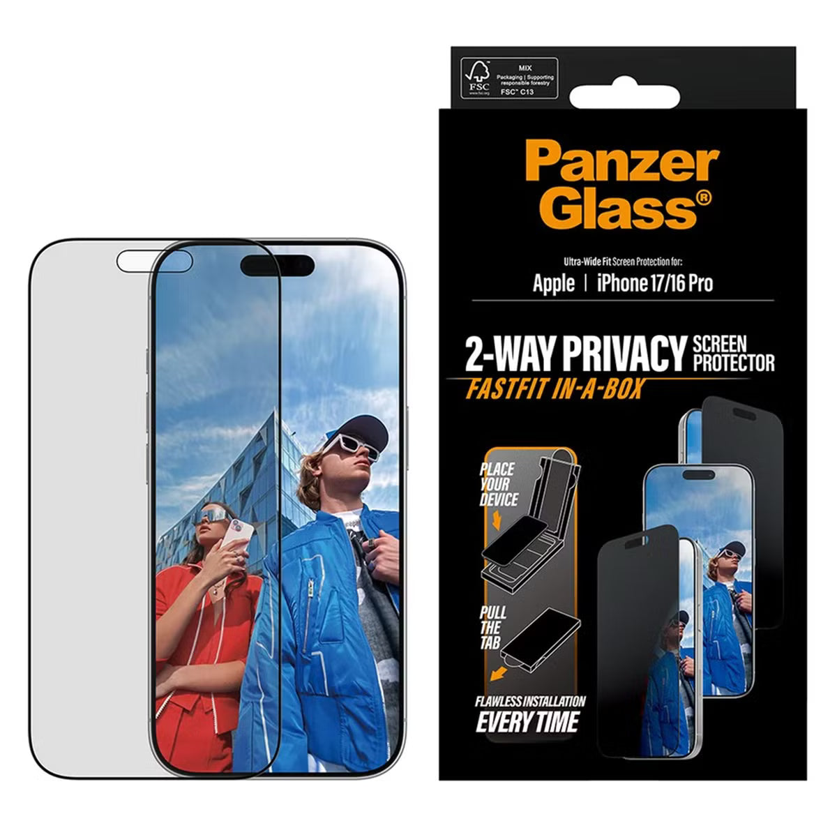 PanzerGlass Ultra Wide Fit FastFit in-a-box Privacy Screenprotector voor de Apple iPhone 17 / 16 Pro