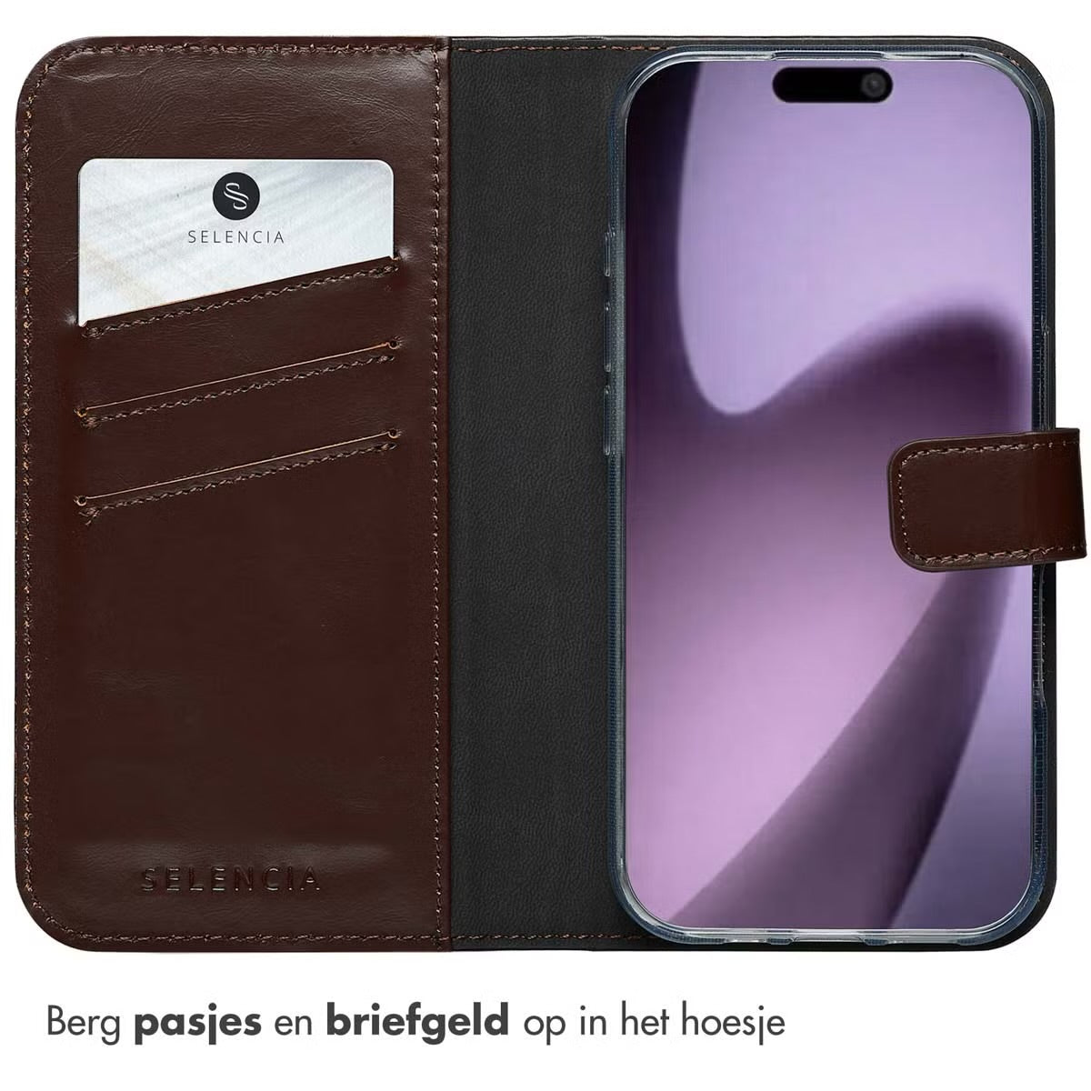 Selencia Echt Leren Bookcase voor de Apple iPhone 17 - Bruin