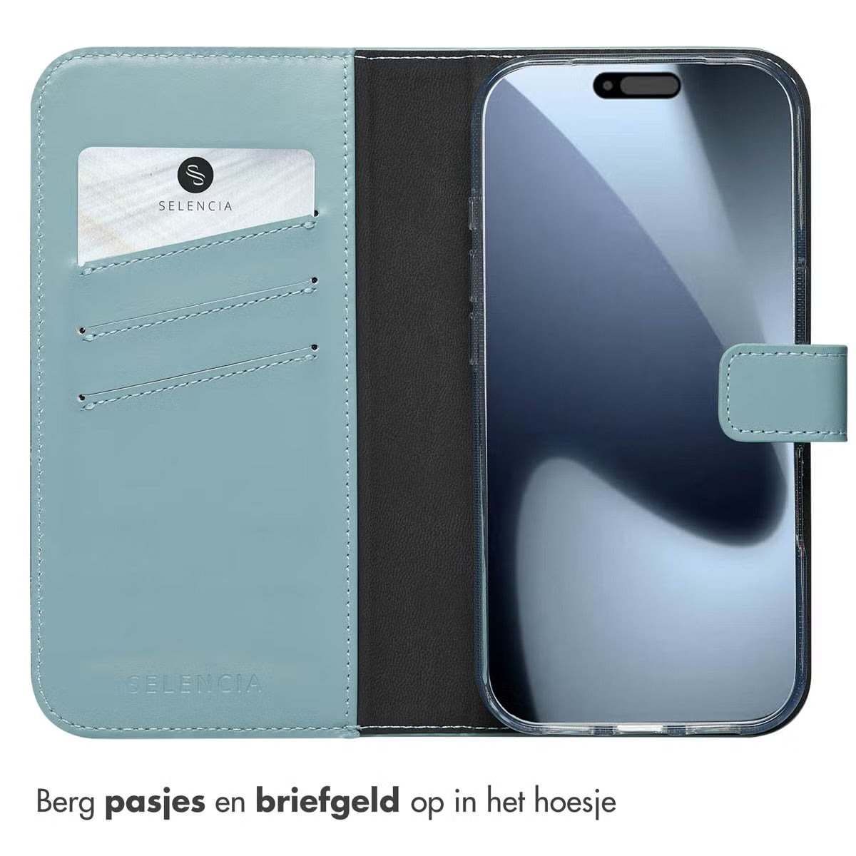 Selencia Echt Leren Bookcase voor de Apple iPhone 17 Pro - Air Blue