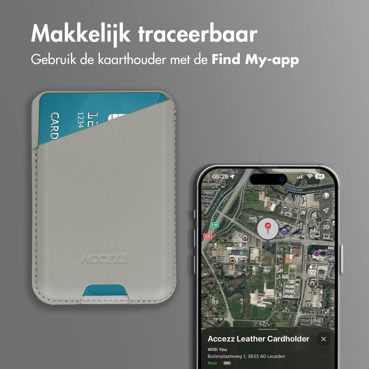 Accezz Magnetische Leren Kaarthouder - Geschikt voor Apple Find My - Light Grey