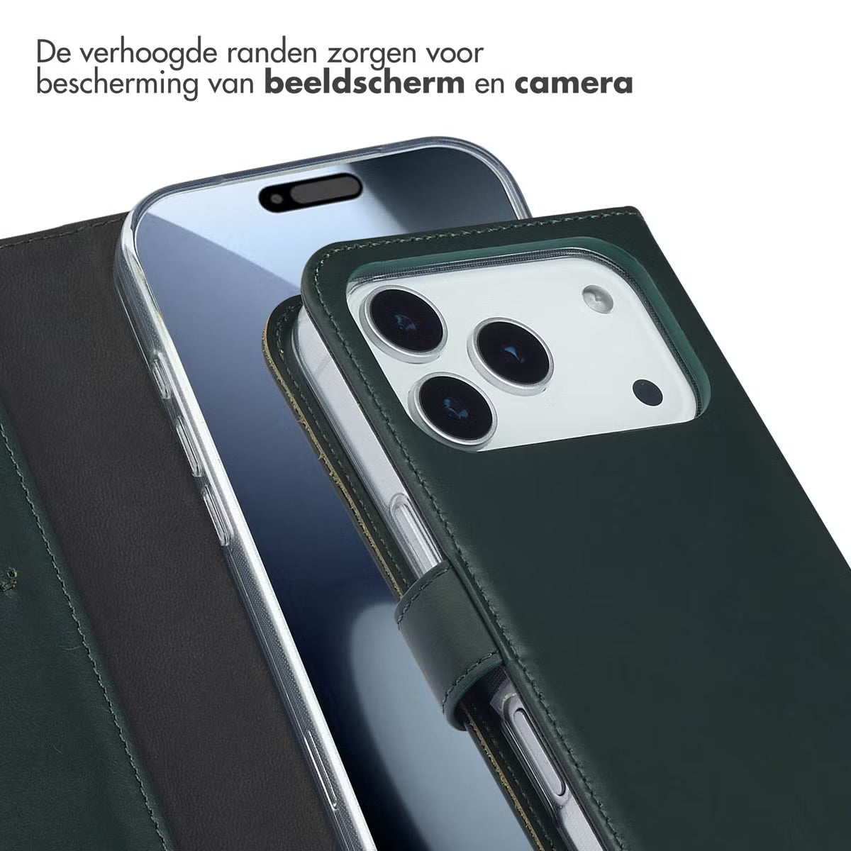 Selencia Echt Leren Bookcase voor de Apple iPhone 17 Pro - Groen