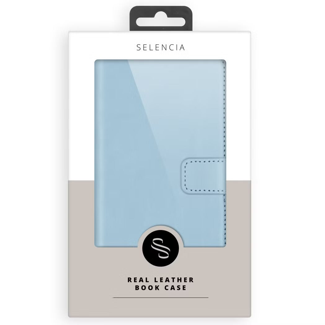 Selencia Echt Leren Bookcase voor de Apple iPhone 17 - Lichtblauw