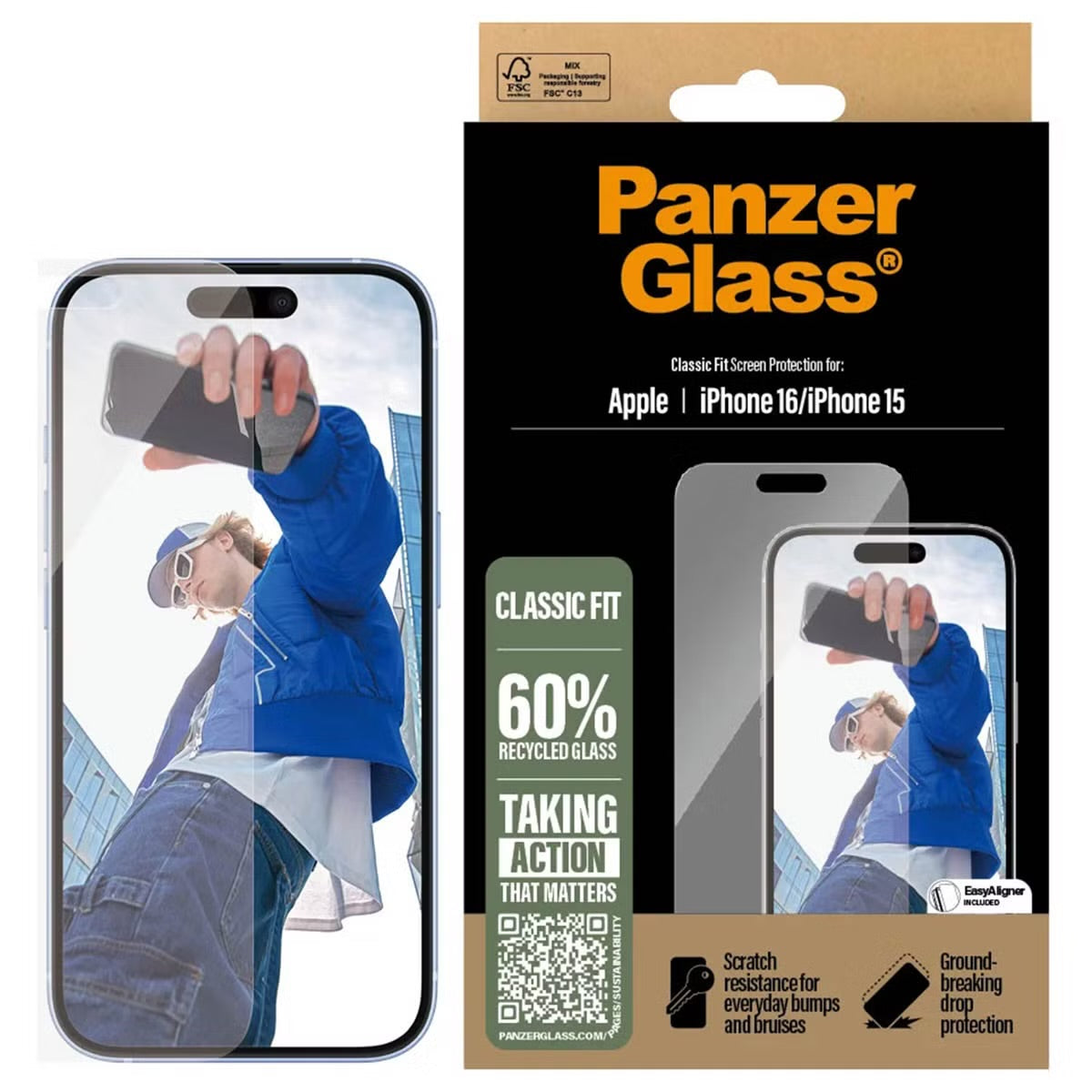 PanzerGlass Anti-Bacterial Screenprotector voor de Apple iPhone 16