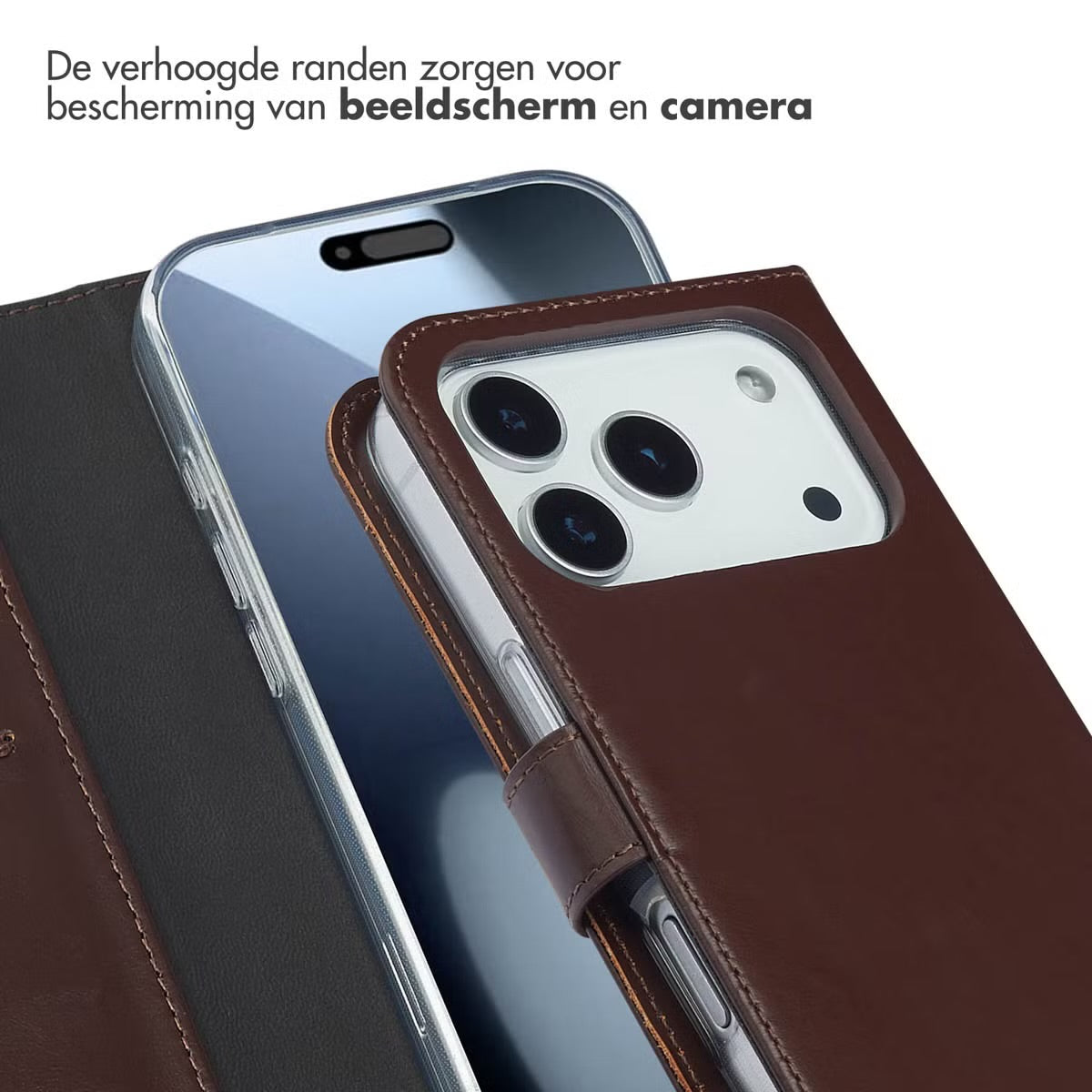 Selencia Echt Leren Bookcase voor de Apple iPhone 17 Pro - Bruin