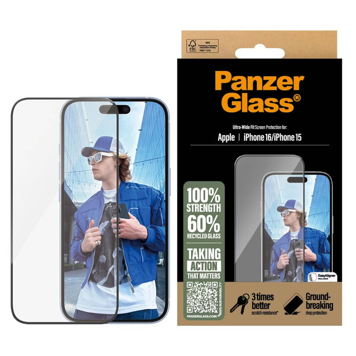 PanzerGlass Ultra-Wide Fit Anti-Bacterial Screenprotector voor de Apple iPhone 16