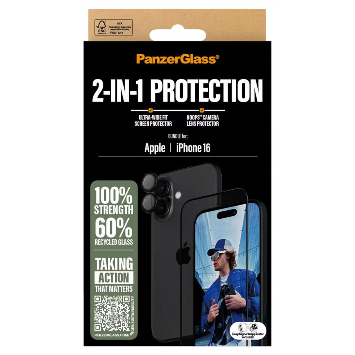 PanzerGlass 2 in 1 pack - Ultra-Wide Fit Anti-Bacterial Screenprotector incl. applicator + Camera Protector voor de Apple iPhone 16