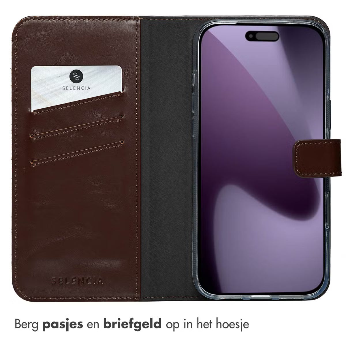Selencia Echt Leren Bookcase voor de Apple iPhone 17 Pro Max - Bruin