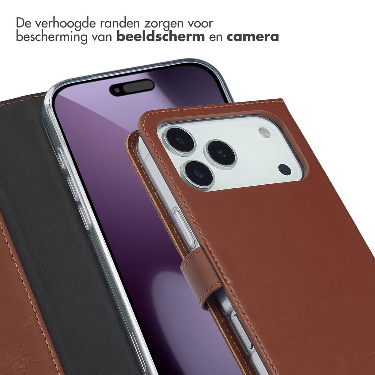 Selencia Echt Leren Bookcase voor de Apple iPhone 17 Pro Max - Lichtbruin