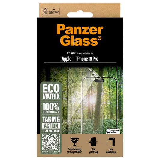 PanzerGlass Matrix Recycled Ultra-Wide Fit Anti-Bacterial Screenprotector incl. applicator voor de Apple iPhone 16 Pro
