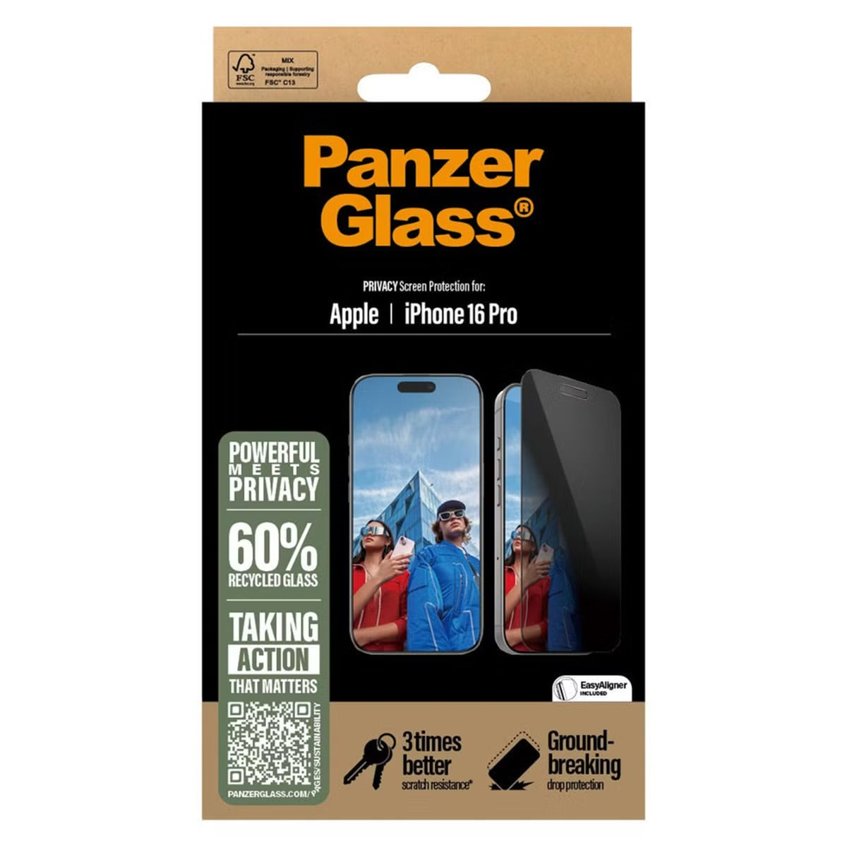 PanzerGlass Privacy Ultra-Wide Fit Anti-Bacterial Screenprotector incl. applicator for Apple iPhone 16 Pro