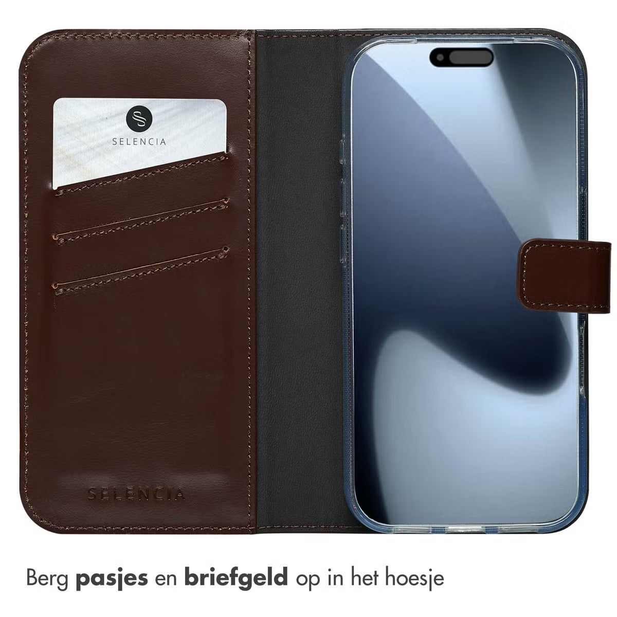 Selencia Echt Leren Bookcase voor de Apple iPhone 17 Pro - Bruin