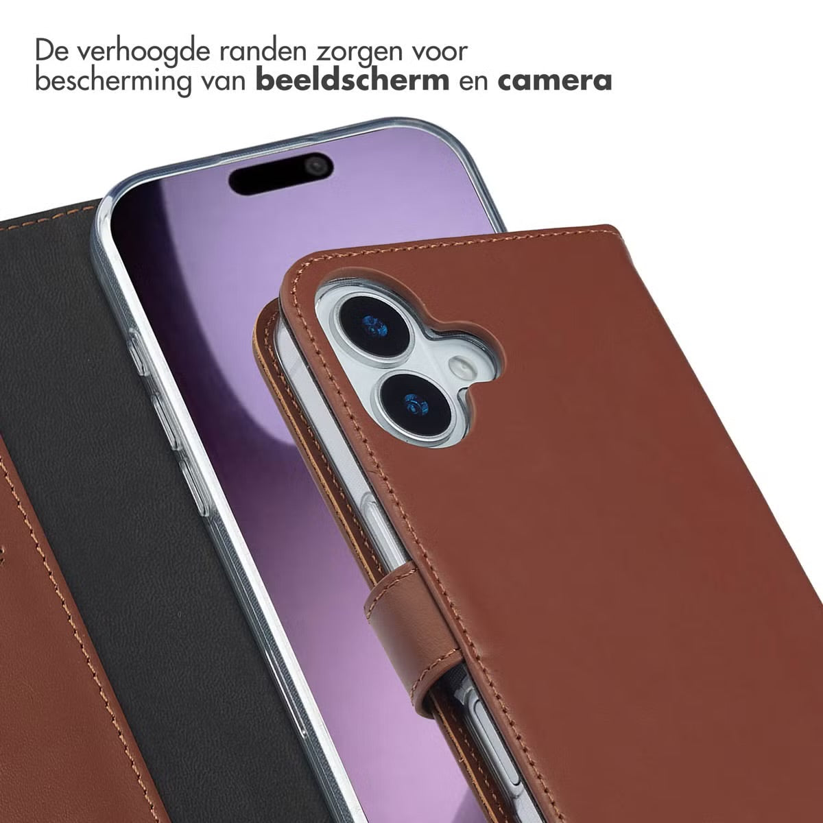 Selencia Echt Leren Bookcase voor de Apple iPhone 17 - Lichtbruin