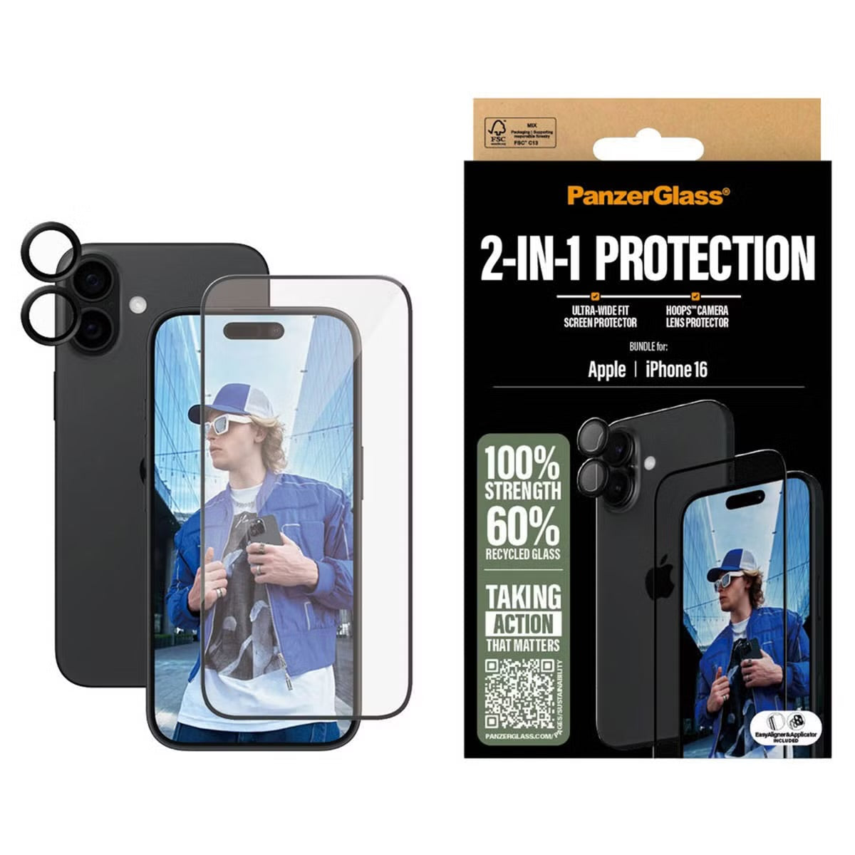 PanzerGlass 2 in 1 pack - Ultra-Wide Fit Anti-Bacterial Screenprotector incl. applicator + Camera Protector voor de Apple iPhone 16