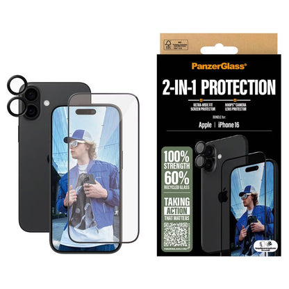 PanzerGlass 2 in 1 pack - Ultra-Wide Fit Anti-Bacterial Screenprotector incl. applicator + Camera Protector voor de Apple iPhone 16