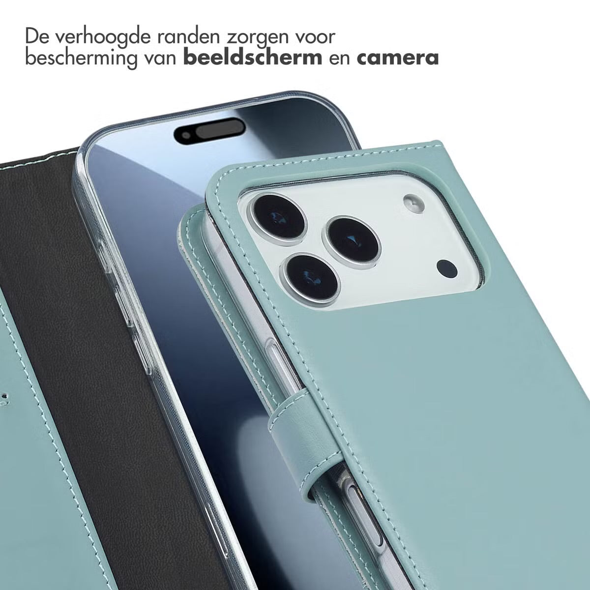 Selencia Echt Leren Bookcase voor de Apple iPhone 17 Pro - Air Blue