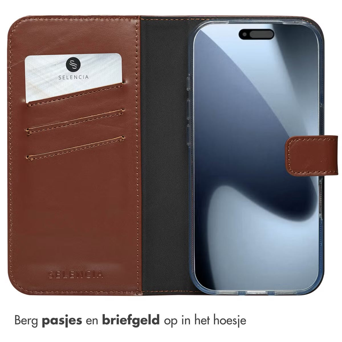 Selencia Echt Leren Bookcase voor de Apple iPhone 17 Pro - Lichtbruin