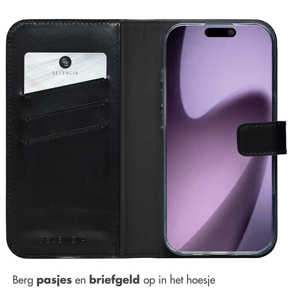 Selencia Echt Leren Bookcase voor de Apple iPhone 17 - Zwart
