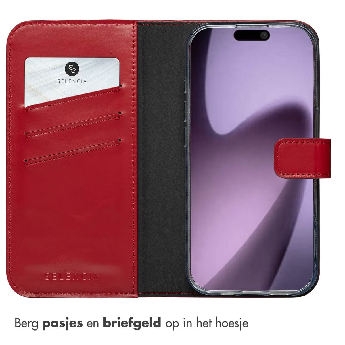Selencia Echt Leren Bookcase voor de Apple iPhone 17 - Rood